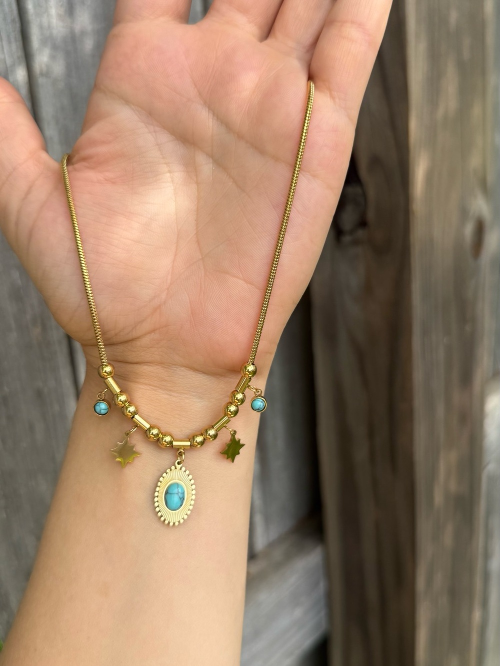 Gold Turquoise Pendant Necklace with Star Charms - Women Jewelry - Picture 3 of 3